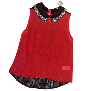Sheer red and black lace  pearl bedazzled collar tank